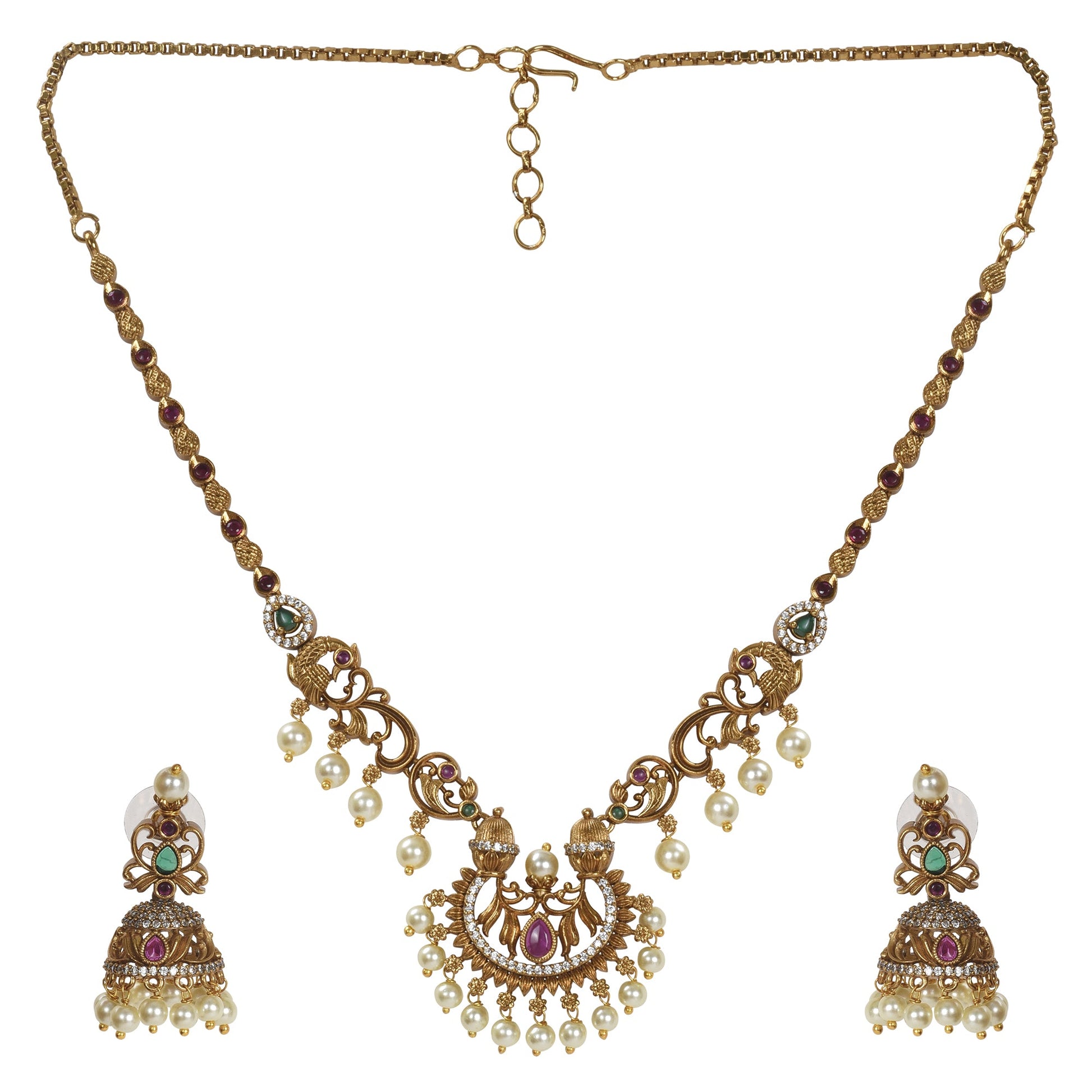 Ayanika Antique Gold - Plated Short Necklace & Jhumka Earring Set - The Soul Jewellery