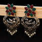 Bird Nest Motif Silver Lookalike Earring with Red and Green Stones and Pearl Drops GSE71RG - The Soul Jewellery