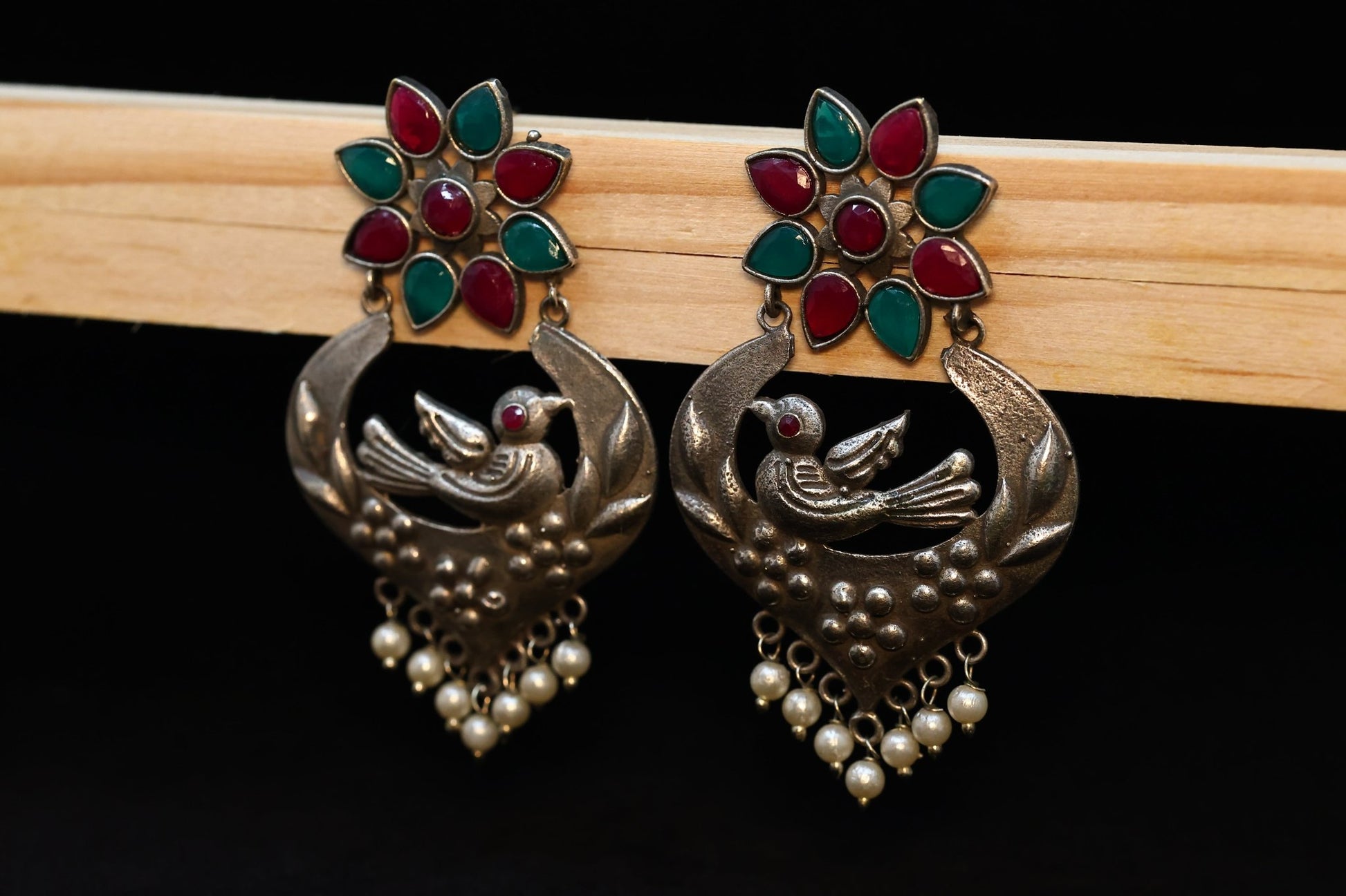 Bird Nest Motif Silver Lookalike Earring with Red and Green Stones and Pearl Drops GSE71RG - The Soul Jewellery