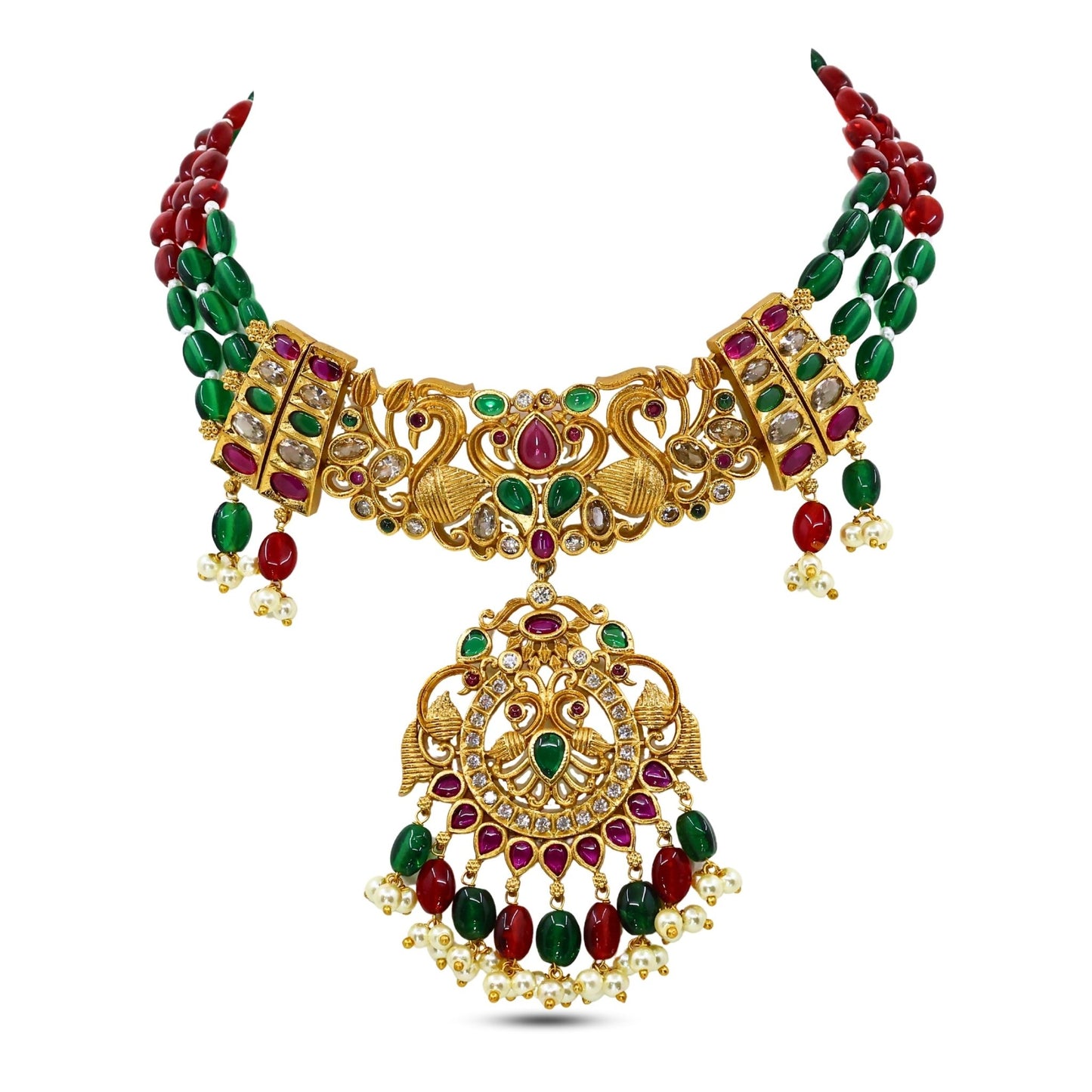 Malavika Antique Matte Gold Plated Choker Necklace Set with Peacock Design - The Soul Jewellery