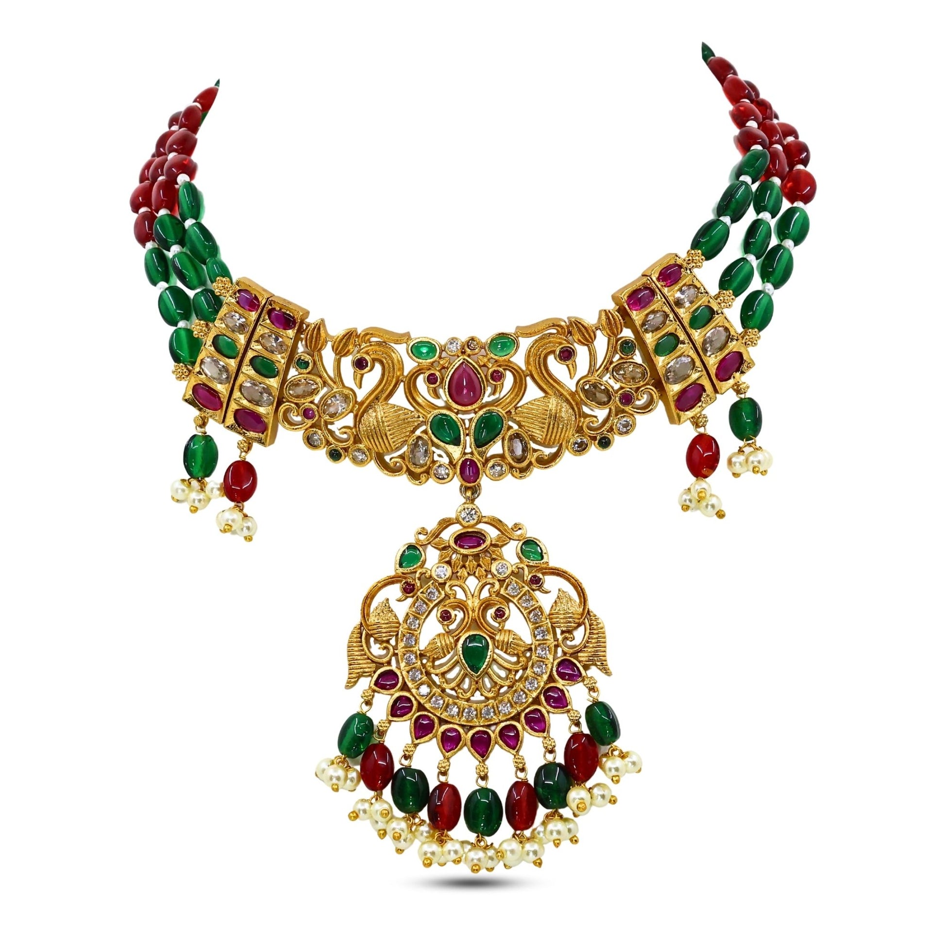 Malavika Antique Matte Gold Plated Choker Necklace Set with Peacock Design - The Soul Jewellery