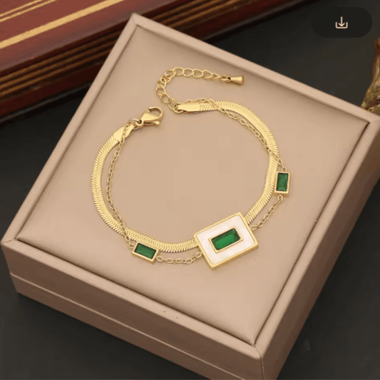 Luxury 18K Gold Plated Anti - Tarnish Double Layer Bracelet with Green Zircon & Shell Charm – Elegant Stainless Steel Jewelry for Women RGB404 - The Soul Jewellery