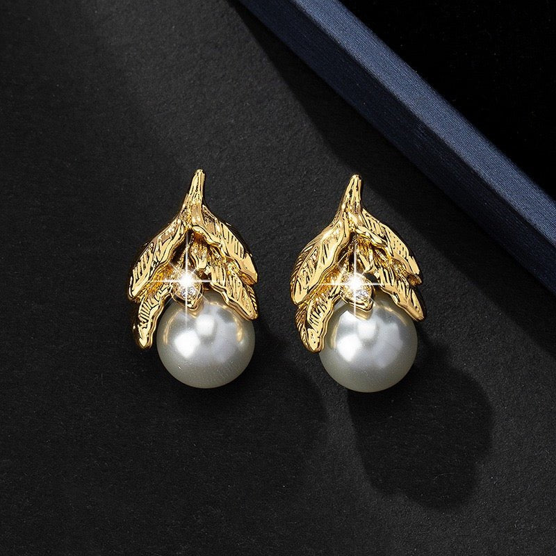 Golden Leaf Aura 6™ Pearl Stud Earrings for Women – Gold Plated Demi - Fine CZ Accent Elegant Earrings - The Soul Jewellery