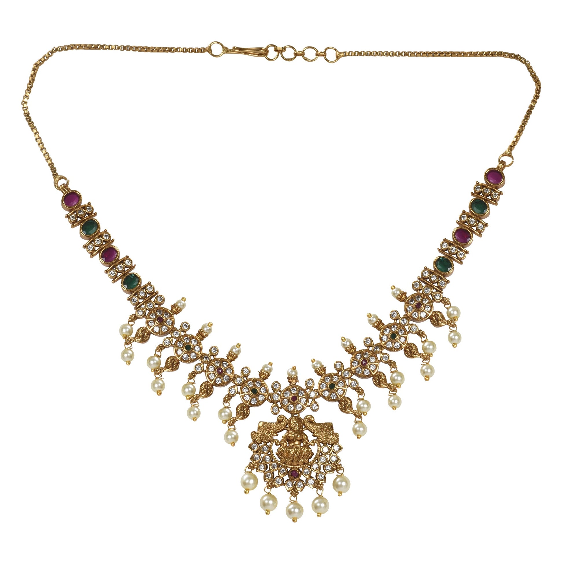 Amrita 22K Antique Matte Gold Plated Short Necklace Set with Lakshmi Devi Motif - The Soul Jewellery