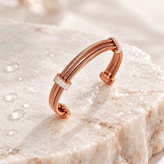 Rose Gold Crystal Cable Open Cuff Demi Fine Kada Bracelet for Men Women – Stainless Steel Statement Bracelet - Soul Jewellery