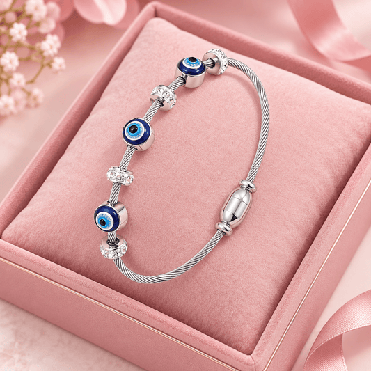 Evil Eye Bracelet for Women – Silver Tone Blue Nazar Charm Cable Bracelet with CZ Spacers - Soul Jewellery