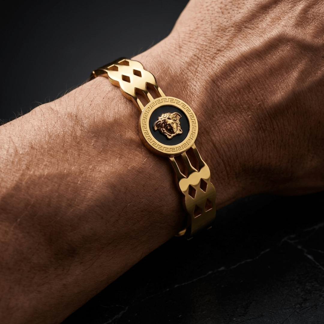 Imperial Dynasty 8™ Medusa Emblem Gold Cuff Bracelet for Men – Versace Inspired Black Enamel Luxury Stainless Steel Demi - Fine Power Kada - The Soul Jewellery