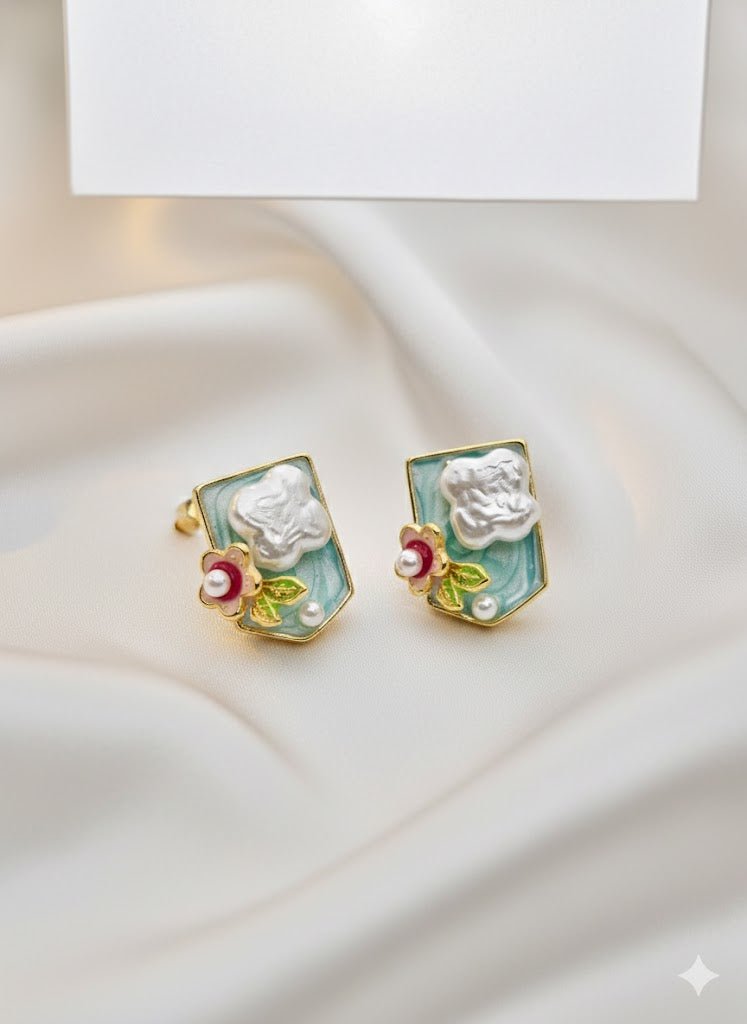 Demi - Fine Gold - Toned Enamel & Pearl Stud Earrings | Vintage Floral Statement Stainless Steel Jewelry - The Soul Jewellery