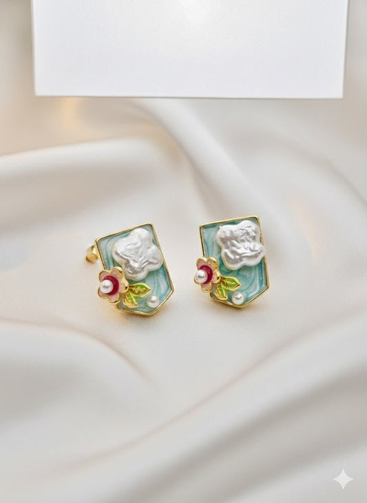 Demi - Fine Gold - Toned Enamel & Pearl Stud Earrings | Vintage Floral Statement Stainless Steel Jewelry - The Soul Jewellery