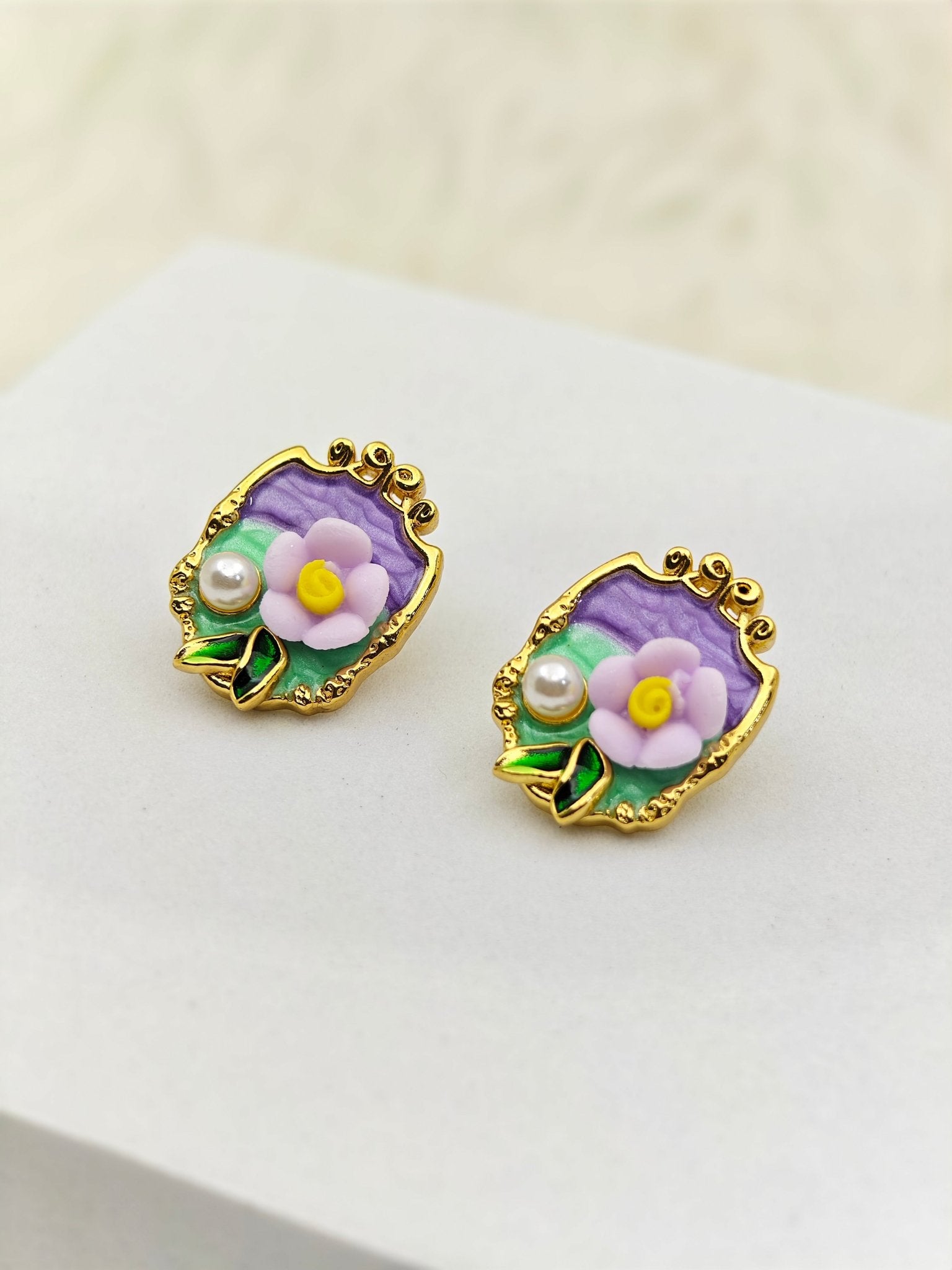 AntiTarnish Purple Enamel Stud Earrings with Pearl & Floral Detailing – Everyday Statement Jewelry - The Soul Jewellery