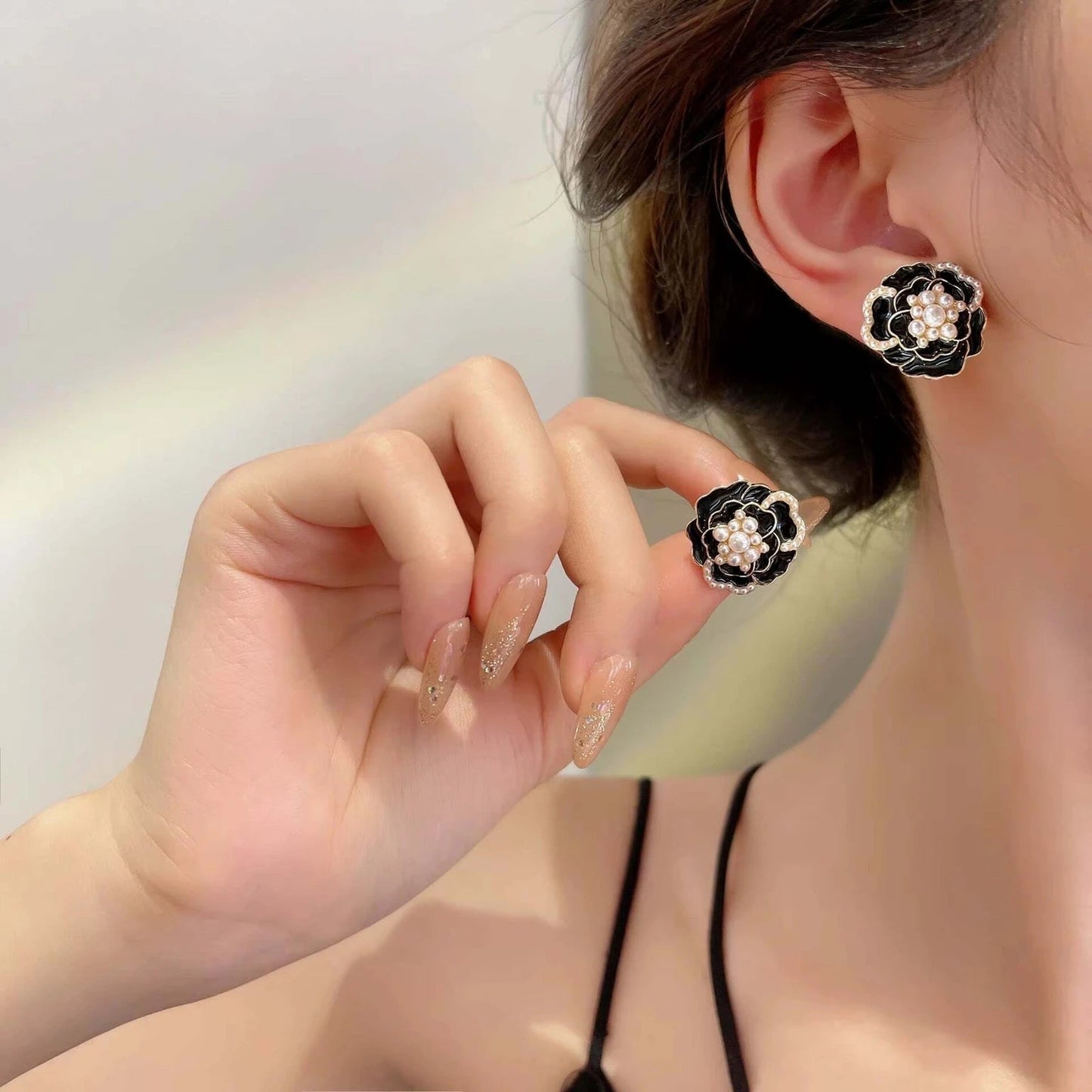 Midnight Camellia Aura 6™ Black Enamel Pearl Flower Stud Earrings for Women -DemiFine Floral Earring - The Soul Jewellery