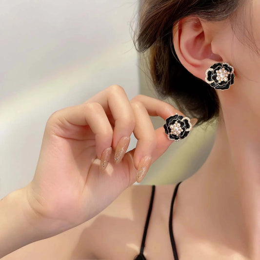 Midnight Camellia Aura 6™ Black Enamel Pearl Flower Stud Earrings for Women -DemiFine Floral Earring - The Soul Jewellery