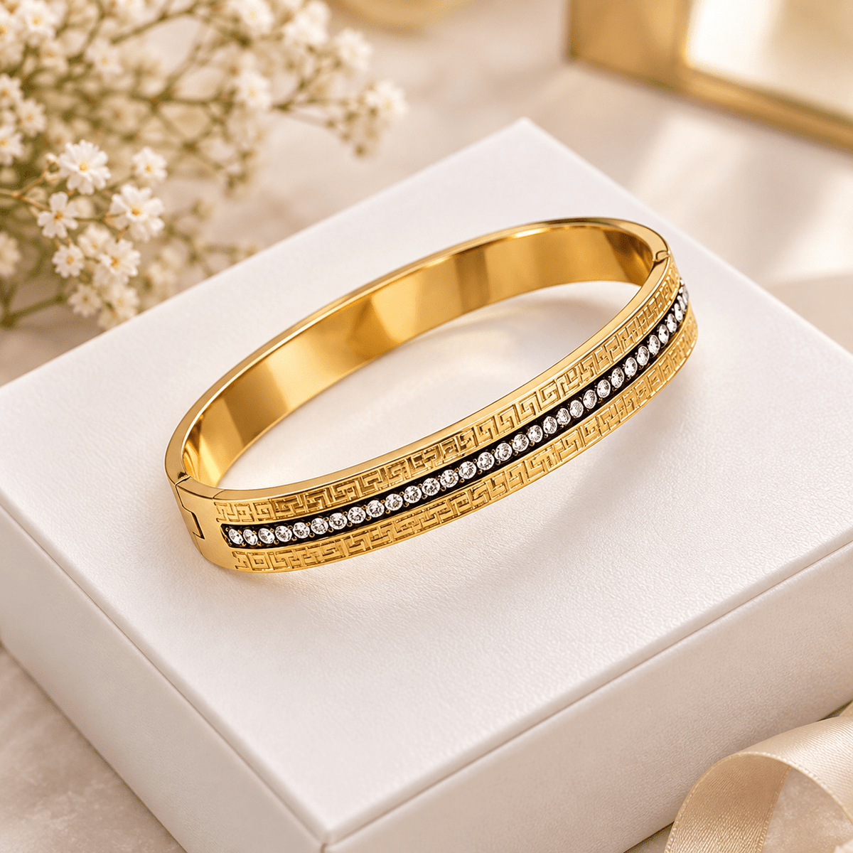 Gold-Tone Crystal Greek Key Openable Bangle Bracelet for Women – Stainless Steel Demi Fine Kada - Soul Jewellery