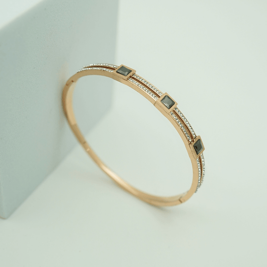 Rose Gold - Plated Geometric Crystal Bangle with Double Row Design RGB363 - The Soul Jewellery