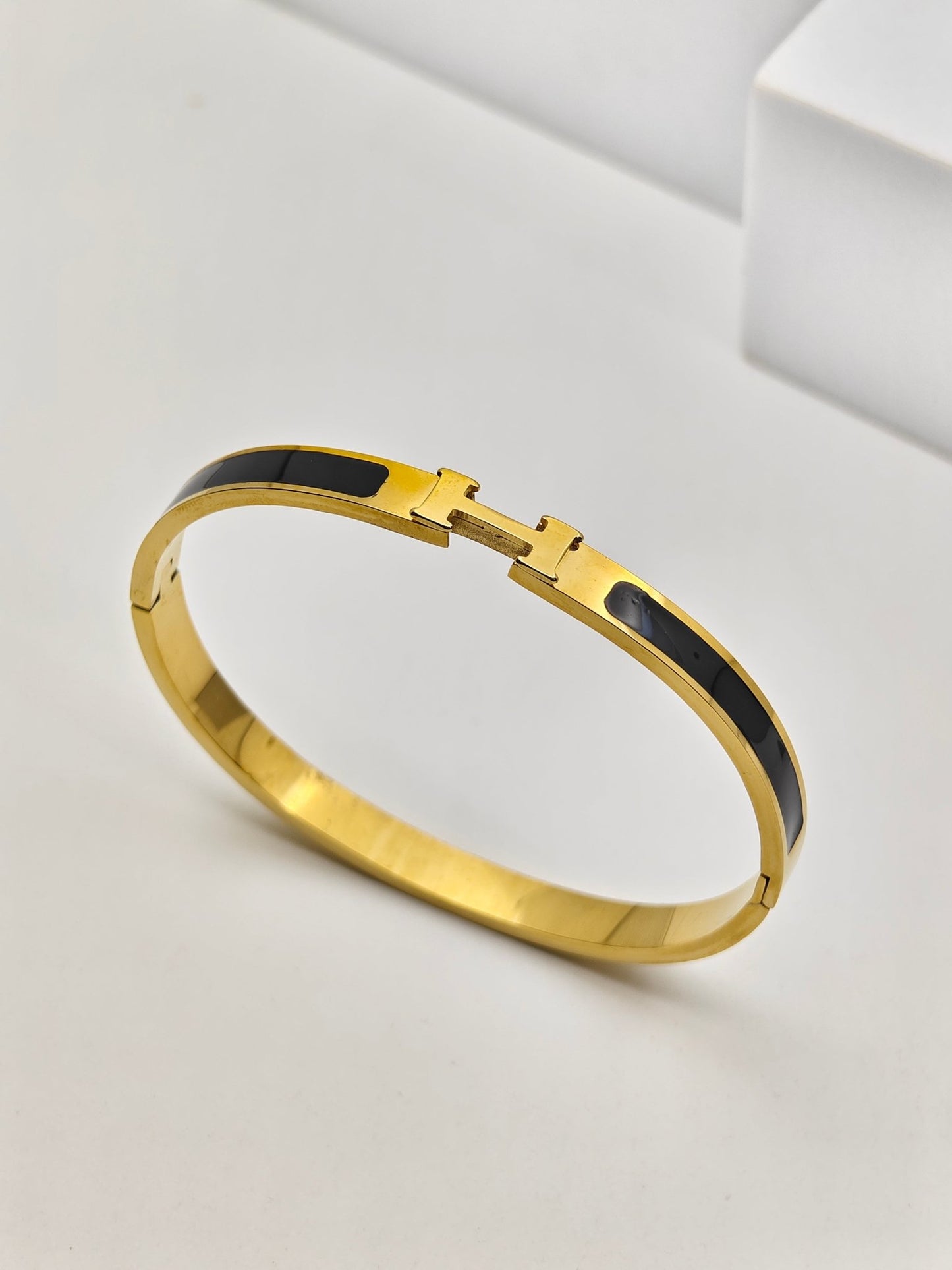 Royal Aura 8™ Black Enamel H Bracelet | Anti - Tarnish Demi - Fine Stainless Steel Cuff for Men & Women - The Soul Jewellery