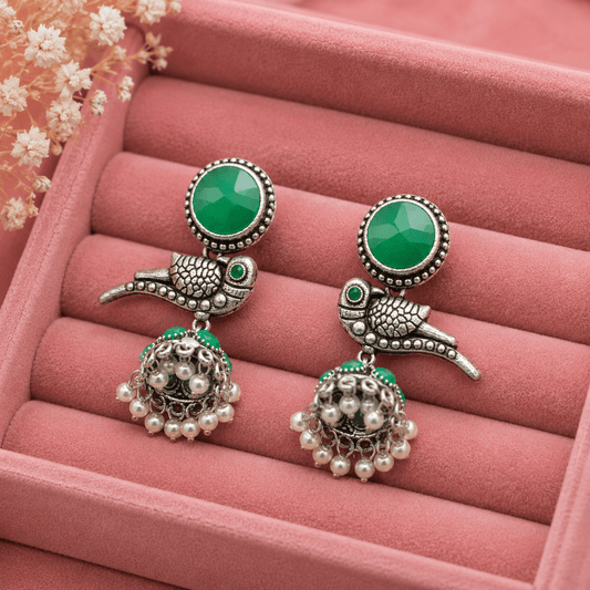 Oxidised Silver Green Stone Bird Jhumka Earrings with Pearl Danglers | Ethnic Earrings for Women - The Soul Jewellery
