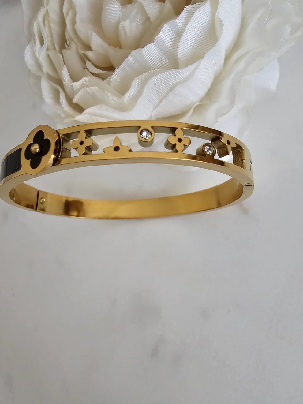 18K Gold Plated Anti-Tarnish Black Enamel Clover Bangle with Crystal Accents – Designer Bracelet - The Soul Jewellery