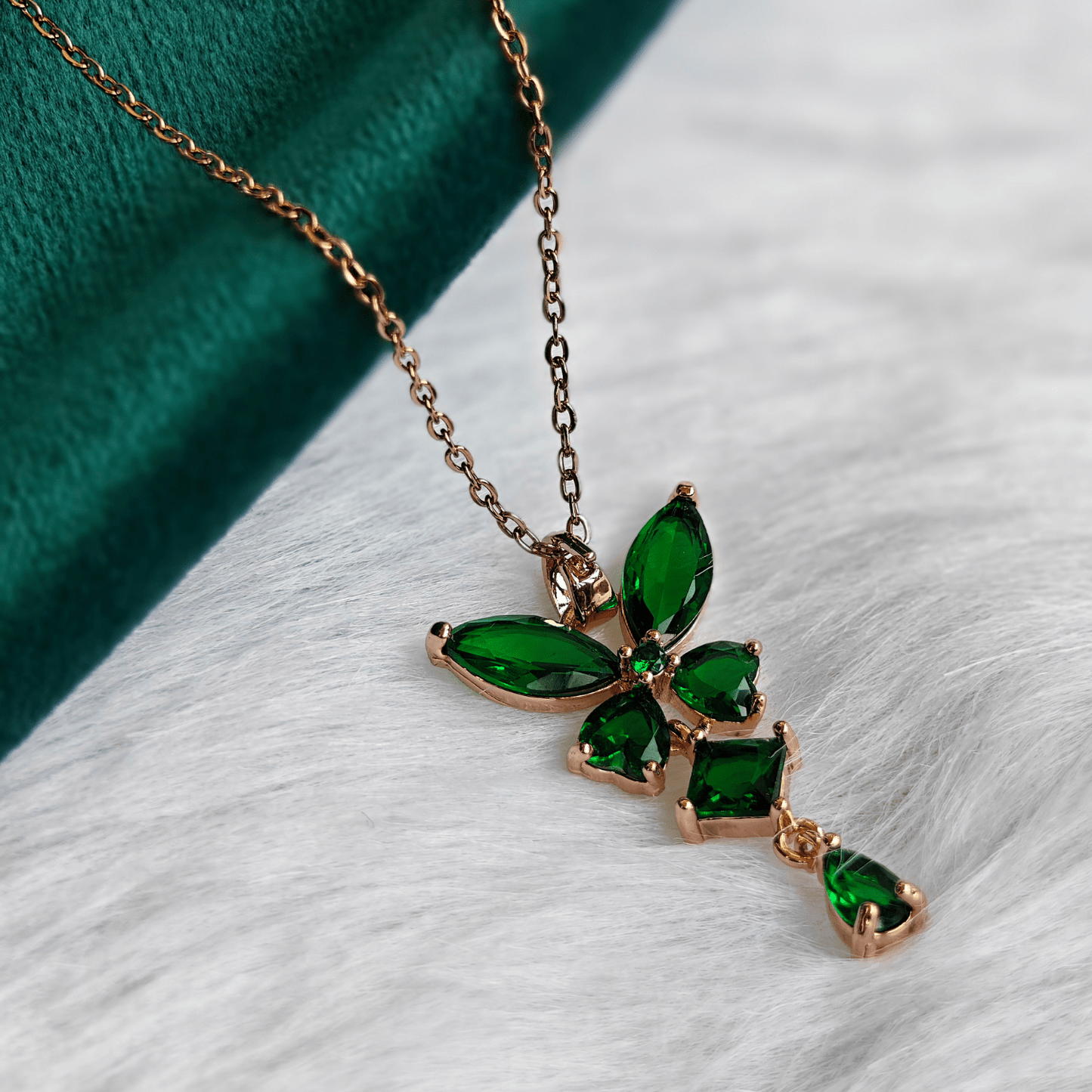18K Rose Gold Plated Green Crystals Anti Tarnish Chain Pendant Necklace RGCP144 - The Soul Jewellery