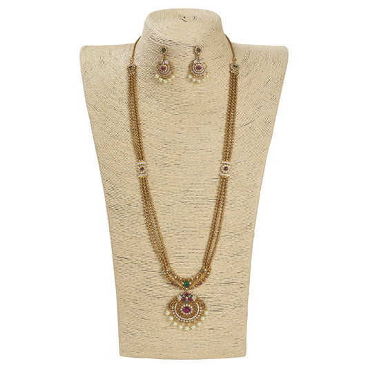 Maitrayee Antique Matte Gold Plated Long Necklace Set with Flower Motif - The Soul Jewellery