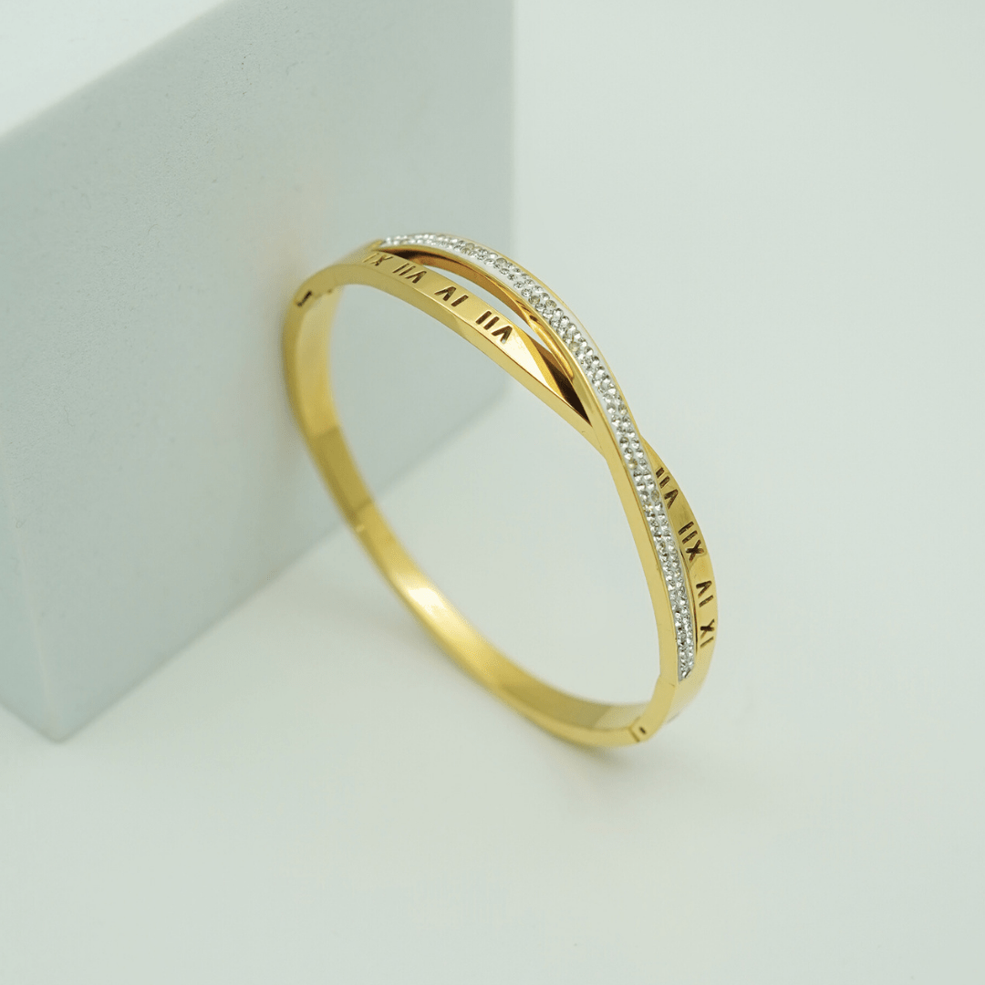 Luxury 18K Gold Plated Anti-Tarnish Roman Numeral Bangle Bracelet with Pave CZ Accents for Women - The Soul Jewellery