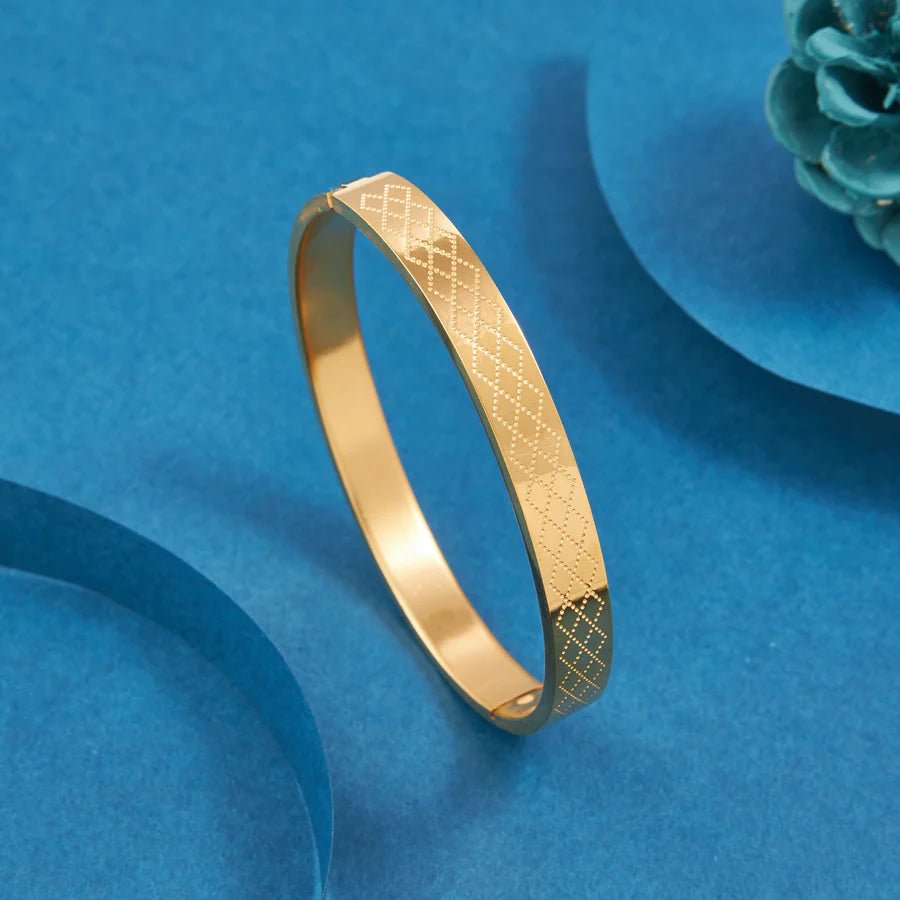 Demi-Fine Crossline Dot Pattern Gold-Plated Bracelet for Men | Ant tarnish Stainless Steel Bangle - The Soul Jewellery