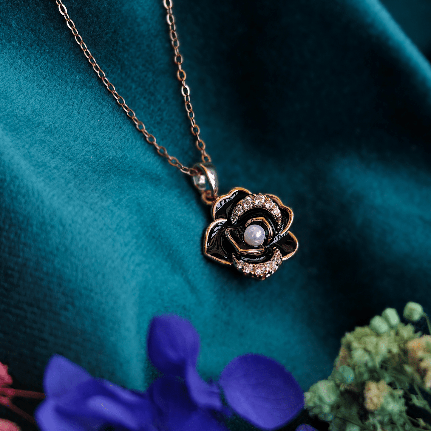 18K Rose Gold Plated Black Rose Anti Tarnish Pendant Necklace RGCP118 - The Soul Jewellery