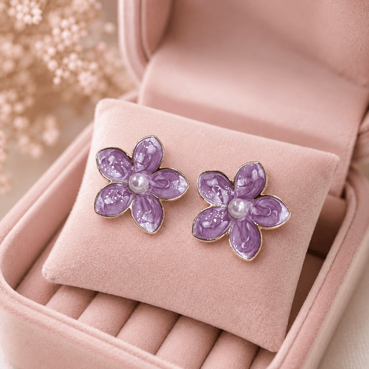 Purple Floral Pearl Stud Earrings for Women – Gold-Tone Enamel Flower Demi Fine Earrings - Soul Jewellery