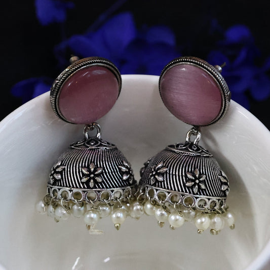 German Silver - Plated Jhumka with Pink Gemstones - The Soul Jewellery