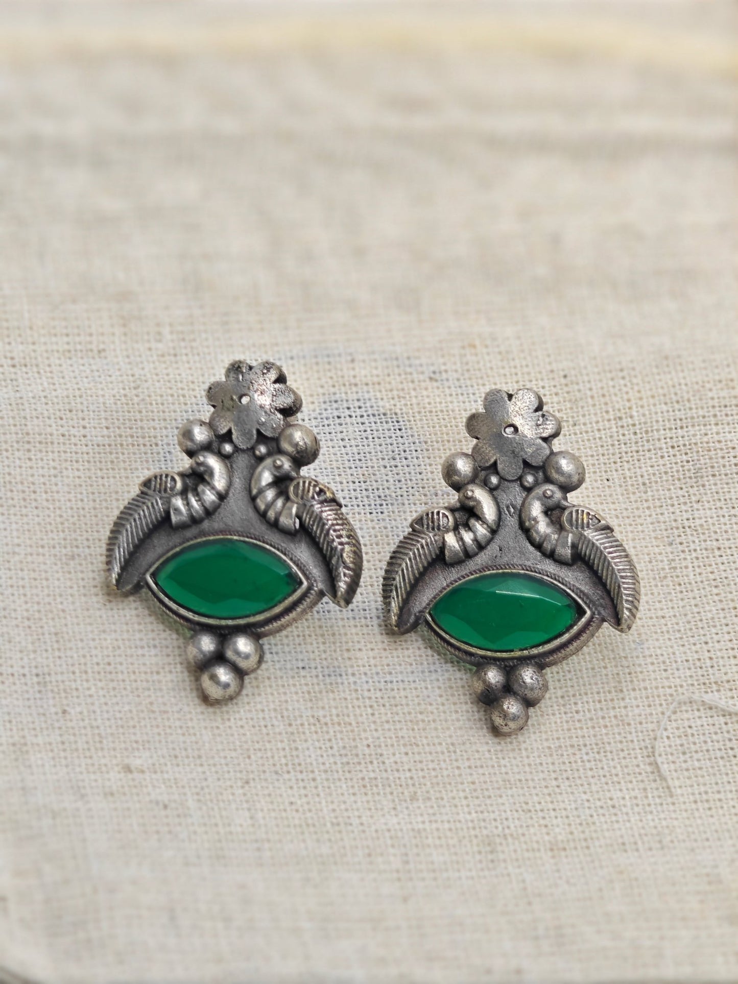 Antique Peacock Silver Replica Earrings with Green Stone | Ethnic Earing for Women | Hypoallergenic - The Soul Jewellery
