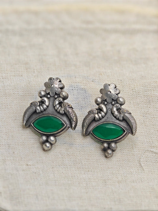 Antique Peacock Silver Replica Earrings with Green Stone | Ethnic Earing for Women | Hypoallergenic - The Soul Jewellery