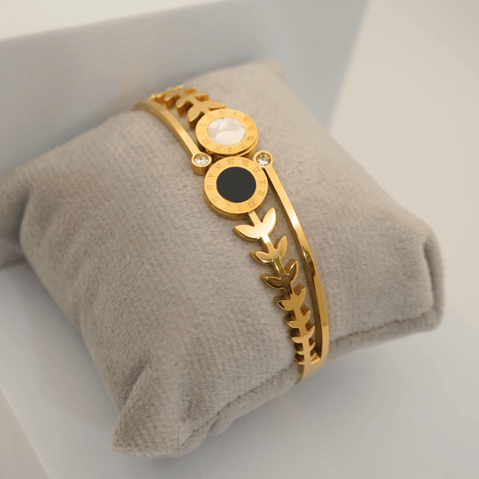 Luxury 18K Gold Plated Anti - Tarnish Roman Dial Bangle with Leaf Motif – Elegant Openable Design RGB312 - The Soul Jewellery