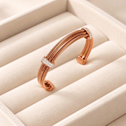 Rose Gold Crystal Cable Open Cuff Demi Fine Kada Bracelet for Men Women – Stainless Steel Statement Bracelet - Soul Jewellery
