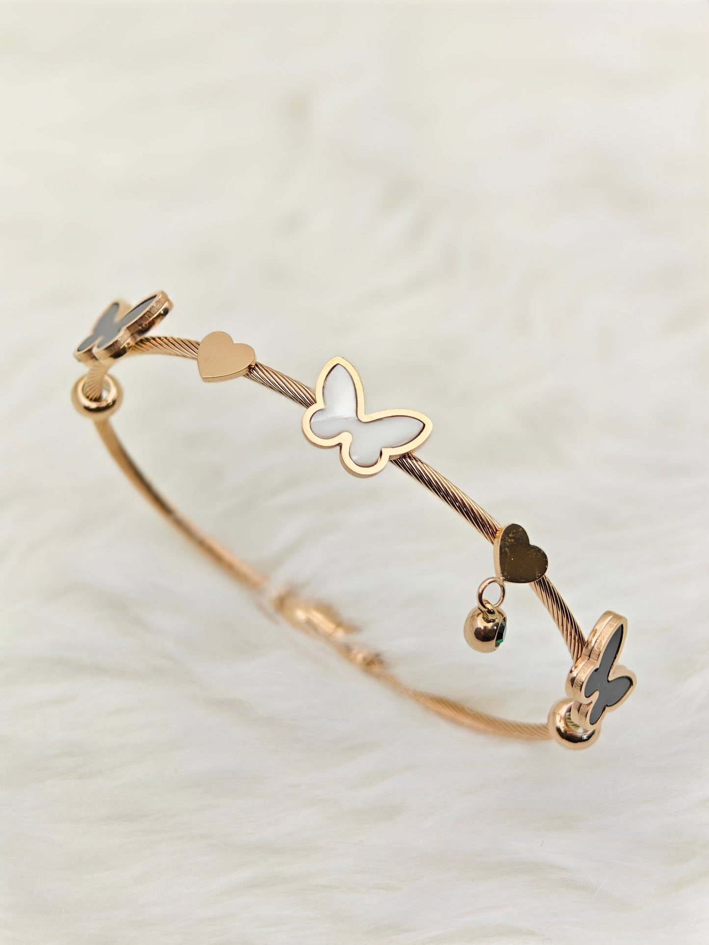 18K Gold Plated Anti - Tarnish Black & White Enamel Charm Bracelet – Elegant Butterfly Statement Bangle for Women RGB494 - The Soul Jewellery