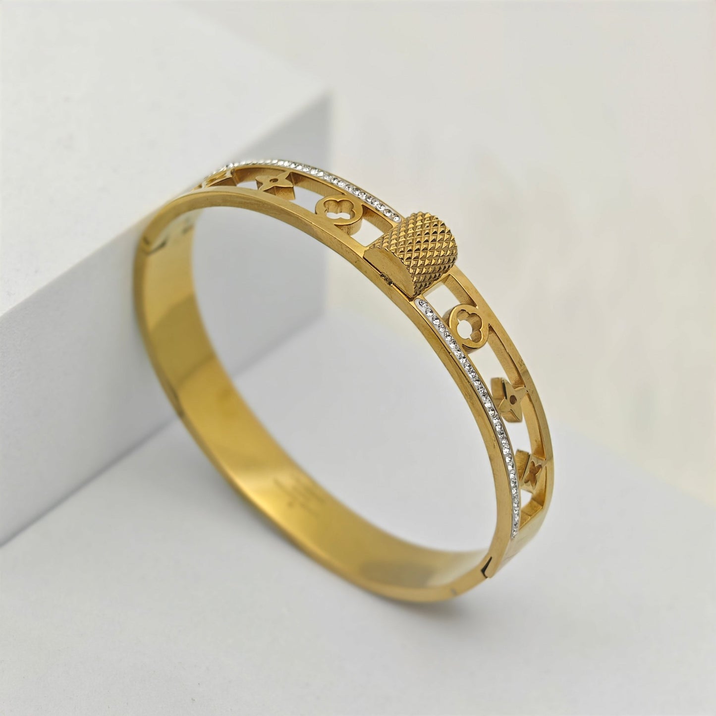 Luxury Gold - Plated Cutout Charm Bracelet – Anti - Tarnish Stainless Steel Bangle with Crystal Accents - The Soul Jewellery