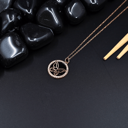 Eternal Flutter: 18K Gold - Plated, Anti - Tarnish Butterfly Pendant Necklace with Galaxy - Inspired Black Stone ATCP109 - The Soul Jewellery