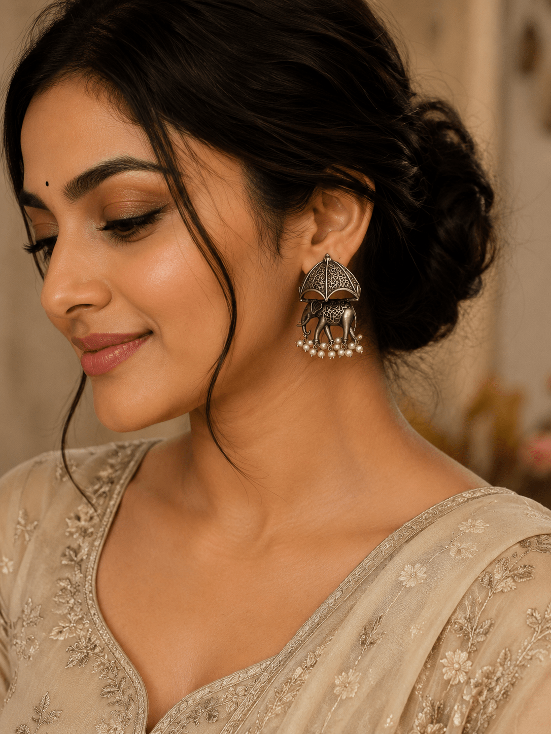 Gajraj Umbrella Oxidised Earrings for Women – Vintage Silver Elephant Pearl Drop Statement Earrings - The Soul Jewellery