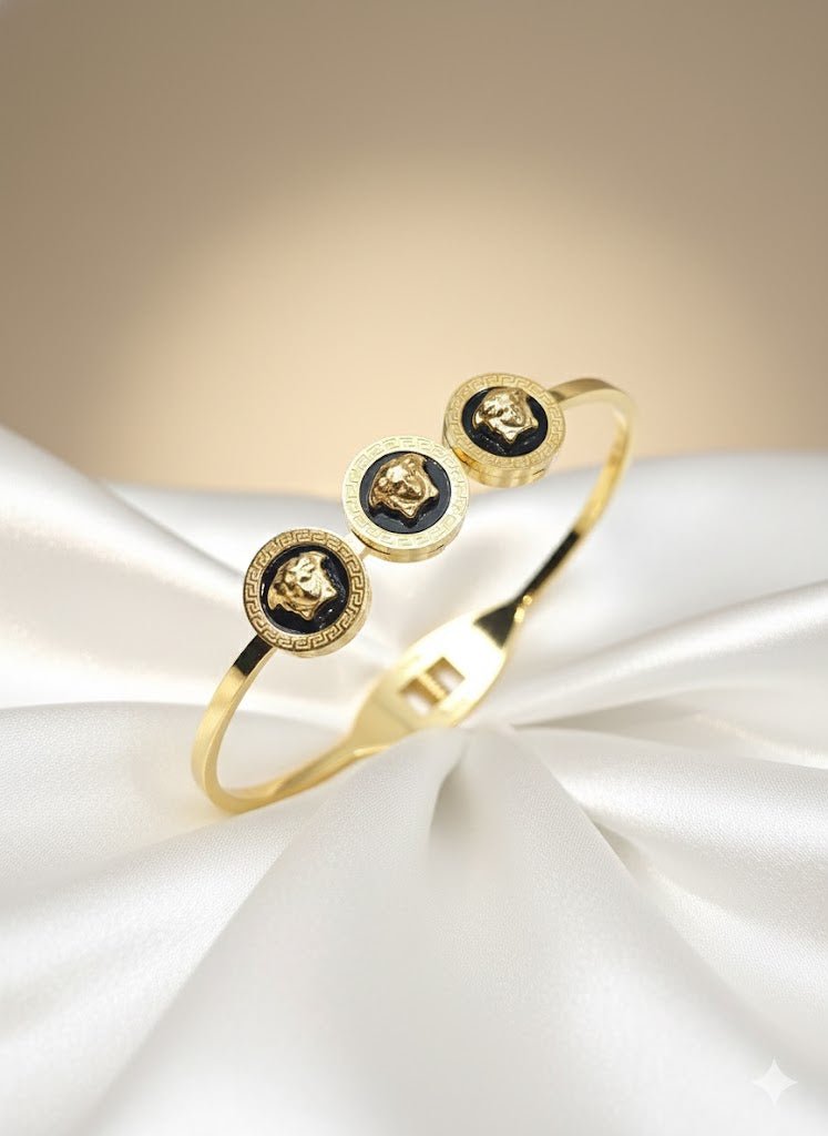 Versace-Inspired Medusa Motif Bangle Bracelet Black Enamel | AntiTarnish Stainless Steel Unisex Kada -The Soul Jewellery