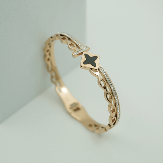 18K Rose Gold Plated Black Clover Charm Anti - Tarnish Openable Bangle – Elegant Good Luck Bracelet for Women - The Soul Jewellery