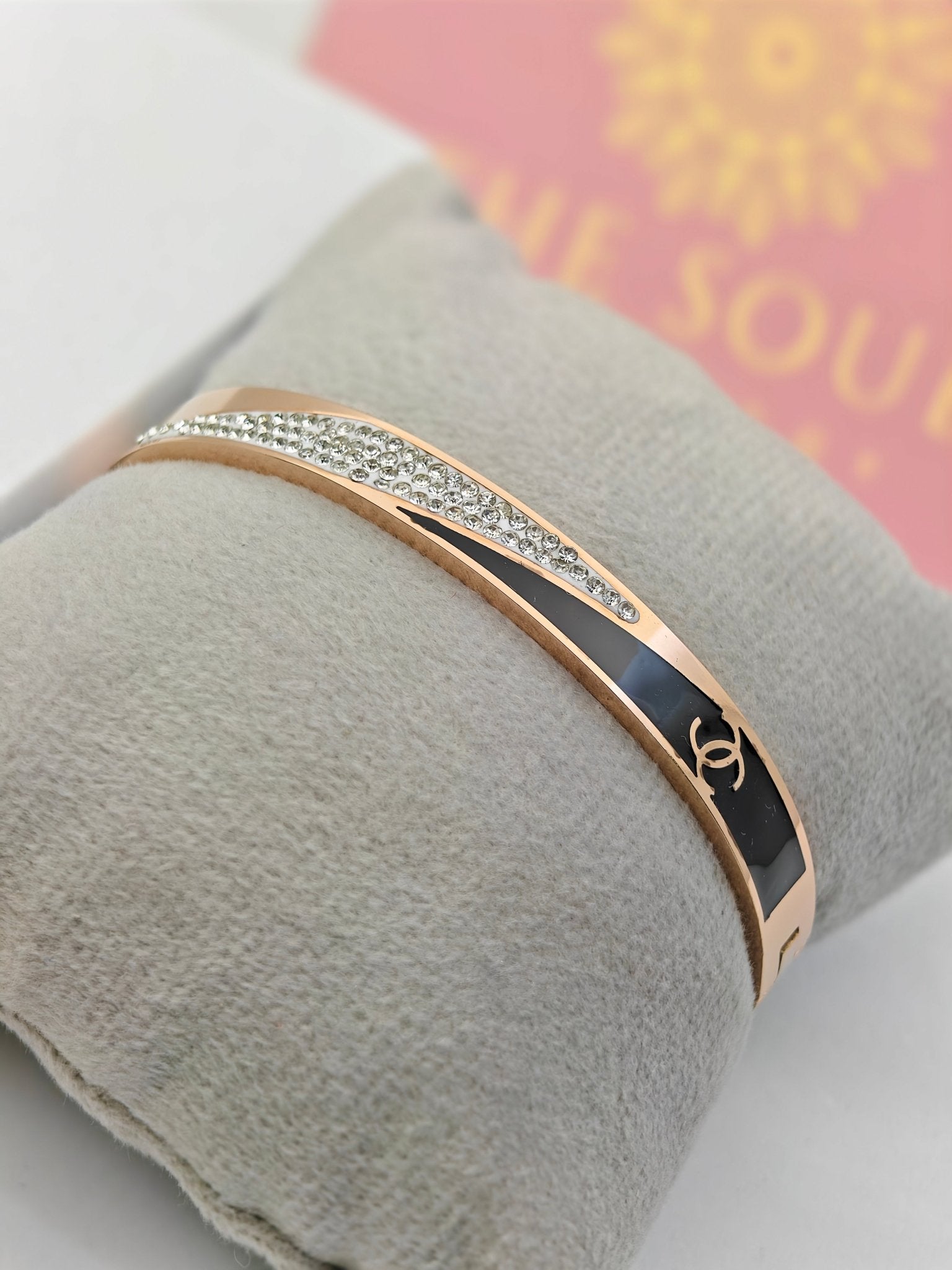 Rose Gold Anti-Tarnish Bracelet – Black Enamel & Crystal Designer Channel logo Engraved Women Bangle - The Soul Jewellery