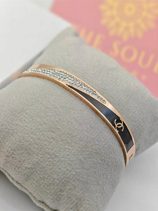 Luxury 18K Rose Gold Plated Anti - Tarnish Bracelet with Black Enamel and Crystal Accents – Elegant Designer - Inspired Design RGB318 - The Soul Jewellery