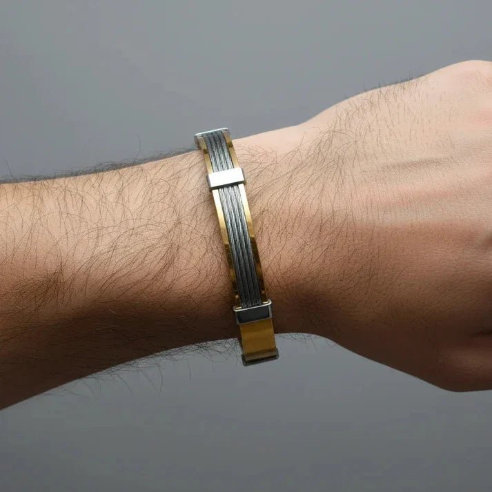 Men’s Dual-Tone Cable Cuff Bracelet – Gold & Silver Minimalist Designer Bangle for Everyday Wear - Soul Jewellery