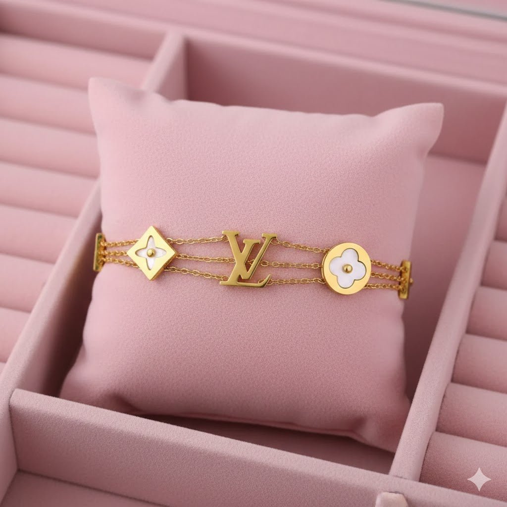 LuxeClover 8Élite Demi-Fine Anti-Tarnish Layered Unisex Bracelet with MOP Clover & LV-Inspired Logo - The Soul Jewellery