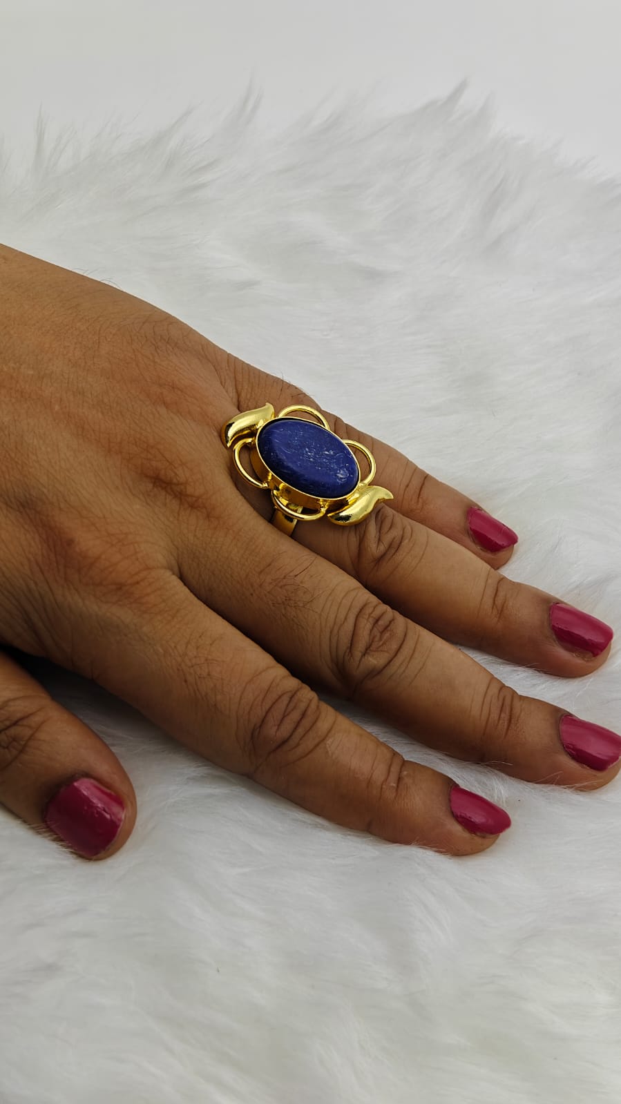 Premium Gold - Plated Brass Ring Deep Blue Natural Stone –Floral Adjustable Statement Ring for Women - The Soul Jewellery