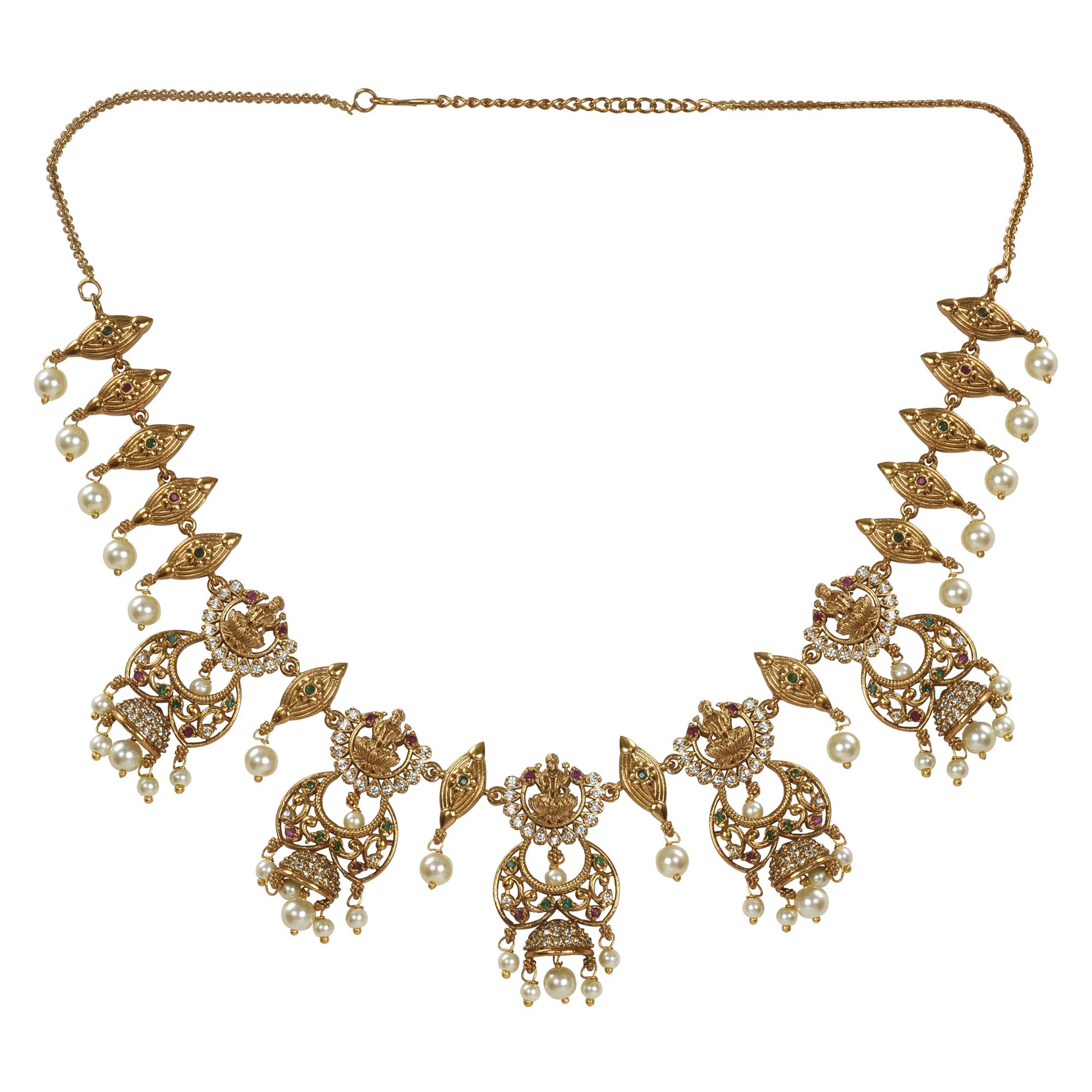 Indu Antique Matte Gold Plated Short Temple Necklace Set with Lakshmi Devi Motif - The Soul Jewellery