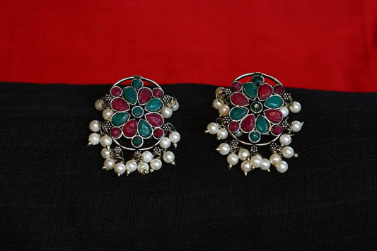 Premium German Silver Floral Earring with Red and Green Stones - The Soul Jewellery