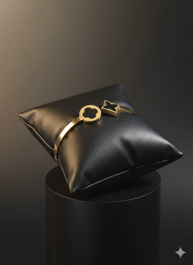 Demi - Fine Classic Retro Black Shell Four - Leaf Clover Bracelet | Gold - Plated Stainless Steel Bangle for Women - The Soul Jewellery