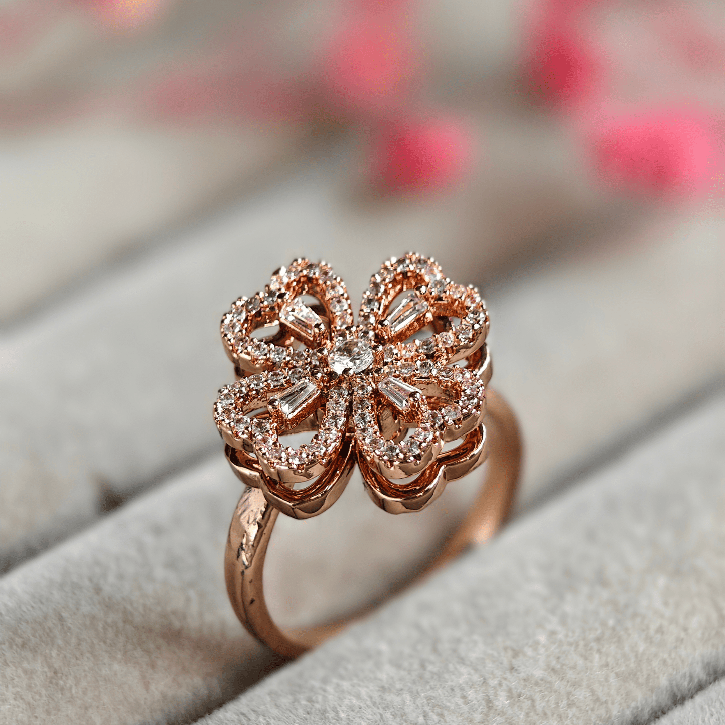 Lilly Cubic Zirconia Studded Adjustable 18K Rose Gold - Plated Anti tarnish Spinner Ring RGR101 - The Soul Jewellery