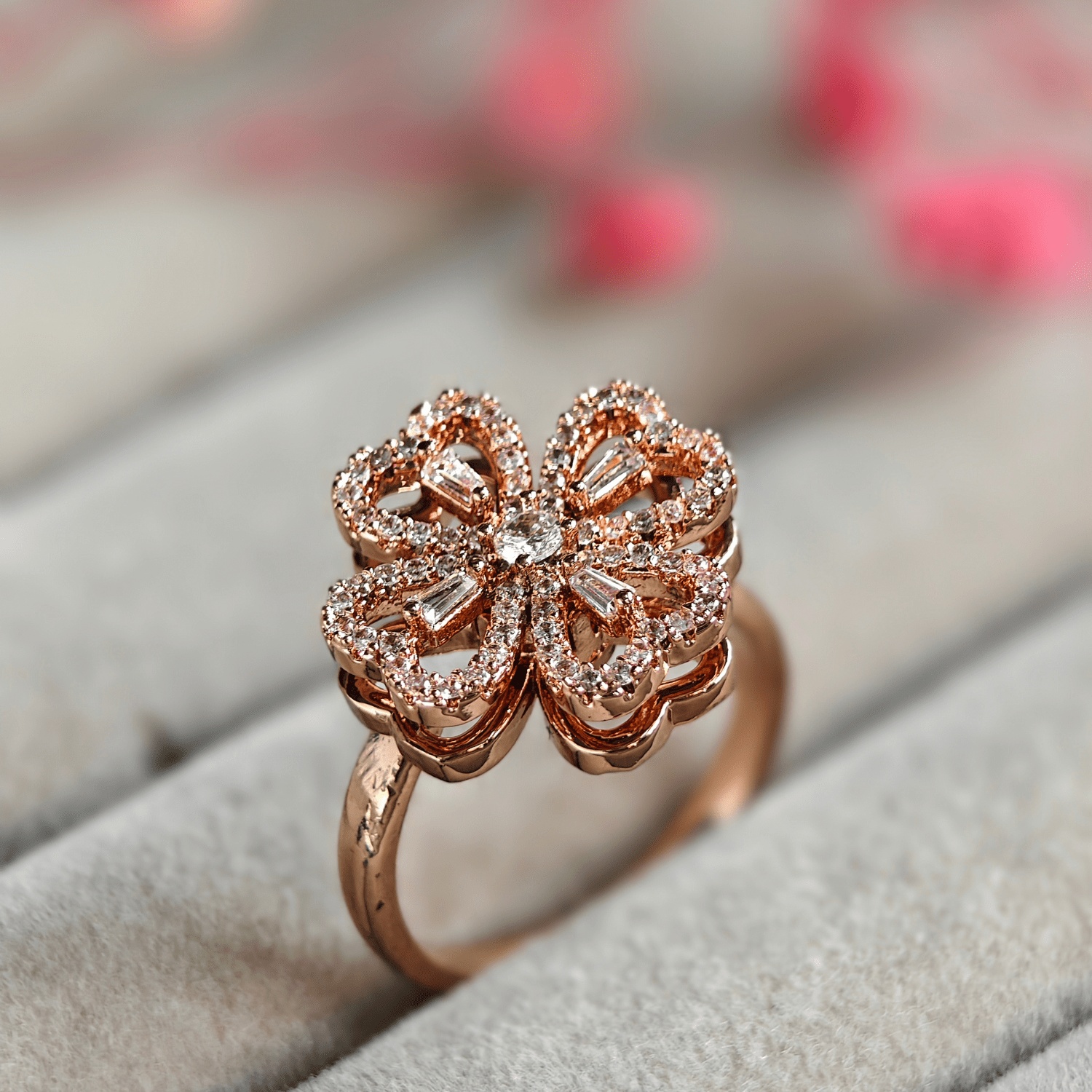 Lilly Cubic Zirconia Studded Adjustable 18K Rose Gold - Plated Anti tarnish Spinner Ring RGR101 - The Soul Jewellery