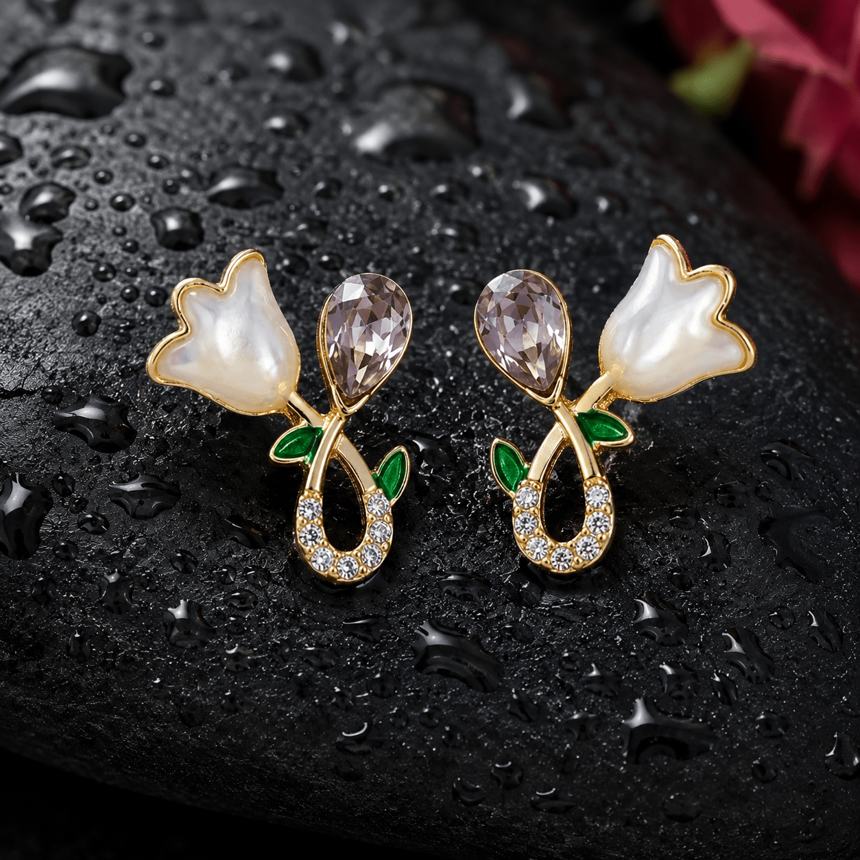 Gold-Tone Tulip Flower Pearl & Crystal Stud Earrings for Women – Elegant Floral Demi Fine Stud - Soul Jewellery