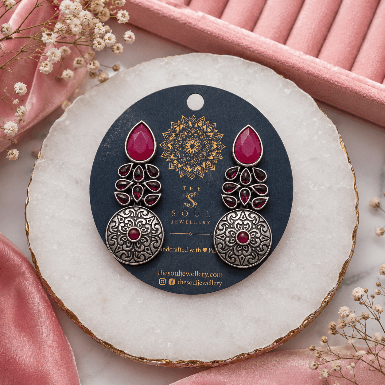 Magenta Stone Oxidised Silver Replica Earrings for Women – Vintage Boho Ethnic Drop Earrings - The Soul Jewellery